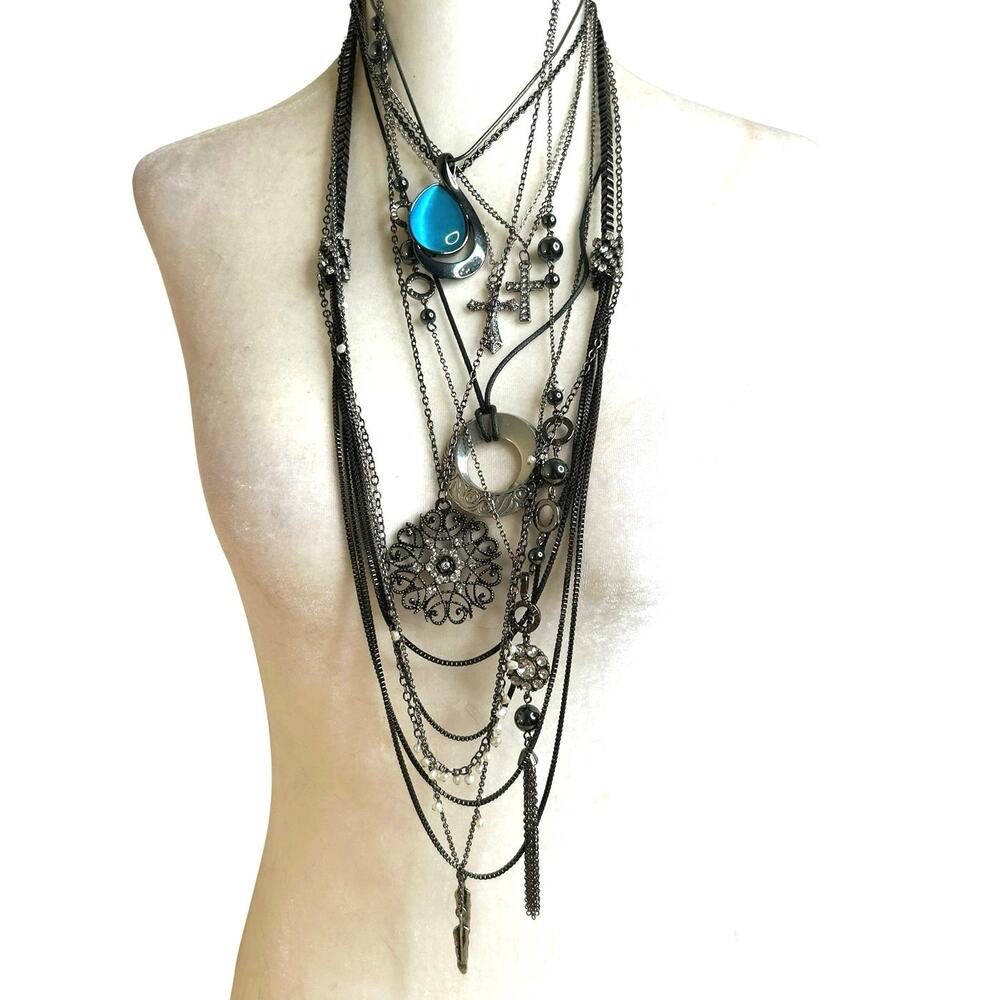 Dark Silver Necklaces Lot Gunmetal Silver Sparkle Whimsygoth Crosses Floral